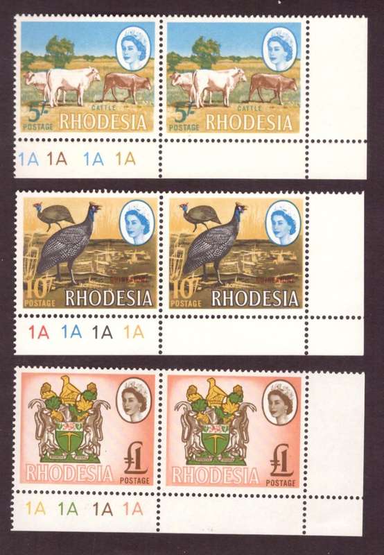 Rhodesia  1966-70  issue. SACC #153-154-155. PL 1A.  10/ varieti ,dot on top of D.