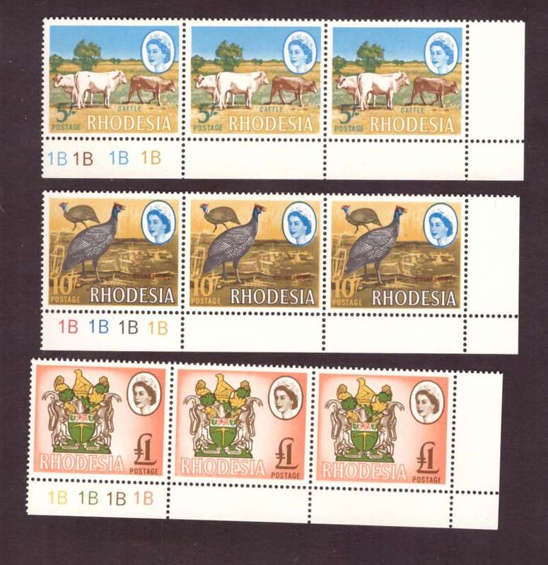 Rhodesia  1966-70  issue. SACC #153-154-155. PL 1B.  5/ varieti ,dot on the Cow. hinge on the margin
