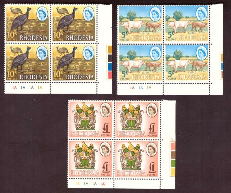 Rhodesia  1966-70  issue. SACC #153-154-155. PL 1A.  Hinge on margin. Lovlie blocks of4