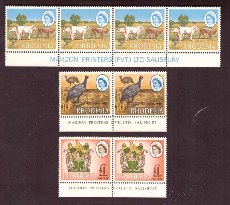 Rhodesia  1966-70  issue. SACC #153-154-155. Imprint .  Hinge on margin.