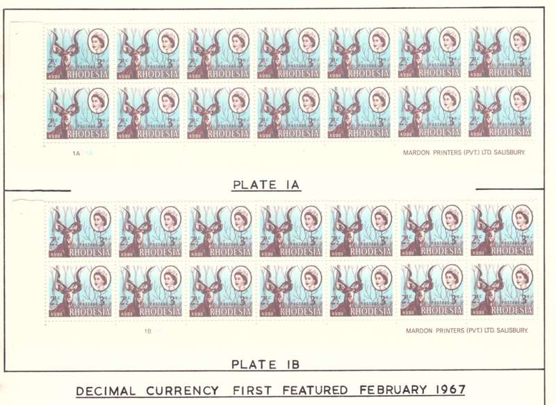 Rhodesia  1967 oveprint  issue. SACC #166. PL 1A  1B.  Hinge on margin. control blocks and imprint.