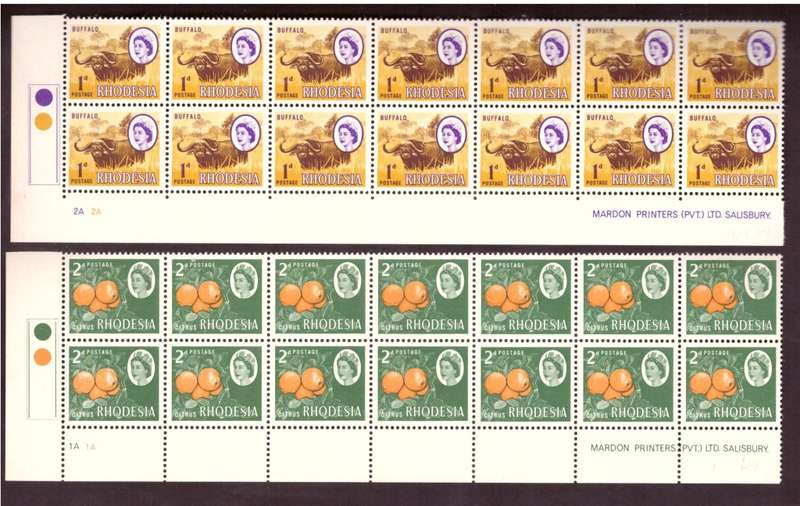 Rhodesia  1966-70  issue. SACC #145-146. Imprint .  Hinge on margin. Blocks of 14.