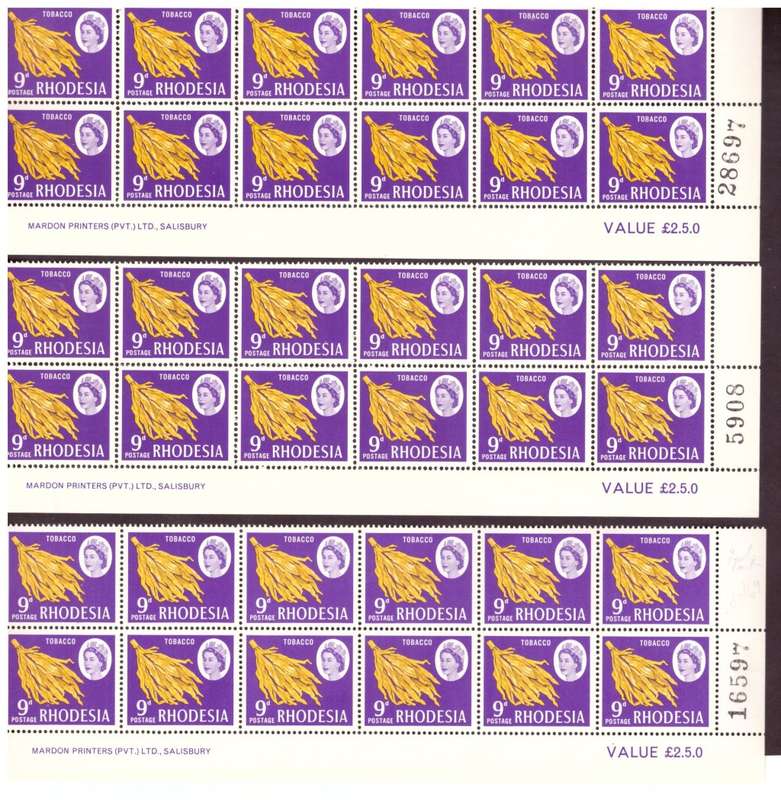 Rhodesia  1966-70  issue. SACC #150. Imprint .  Hinge on margin. 3 Blocks of 12.