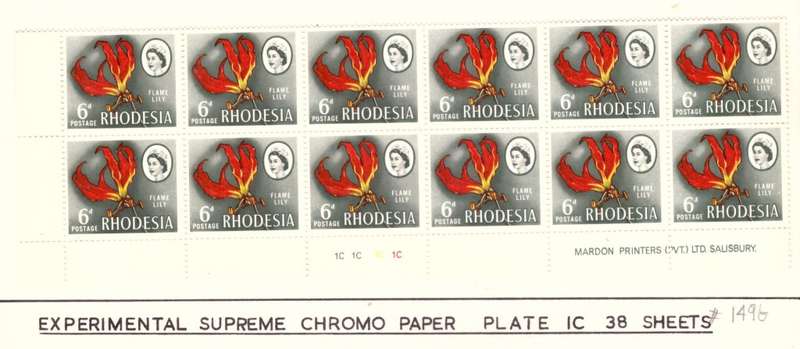 Rhodesia  1966-70  issue. SACC #149B. Imprint  and Control block..  Hinge on margin. Experimental .