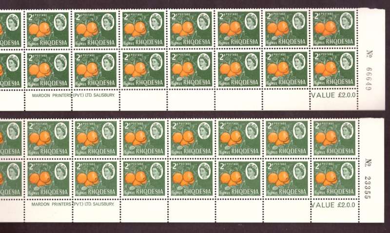 Rhodesia  1966-70  issue. SACC #145-146,2-147,2-148-150. Imprint and control blocks  7.