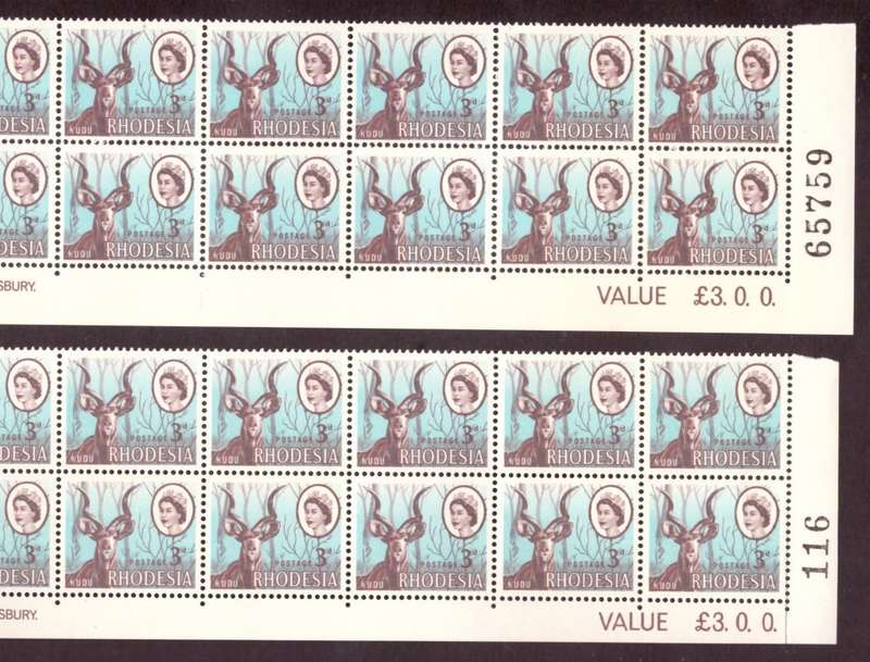 Rhodesia  1966-70  issue. SACC #145-146,2-147,2-148-150. Imprint and control blocks  7.