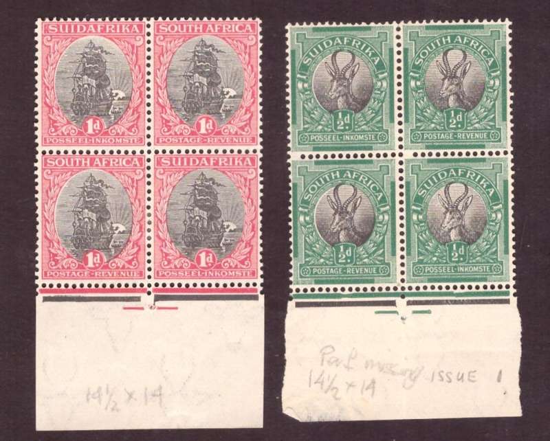 1926 UNIONof South Africa.1/2d -1d. SACC#29-30. Missing one perf. in 1/2d.Blocks of 4  MH.