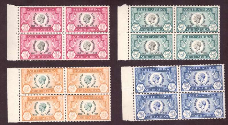 1935 UNION of South Africa.  Jubilee george V. blocks of 4. `Cleft Skull` varieti. MH.