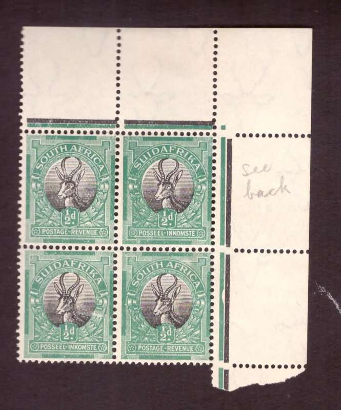 1927 UNION  of South Africa. SACC#29 Pg.  1/2d.Blocks of 4  MNH.[hinge on margin] Offset on reverse.