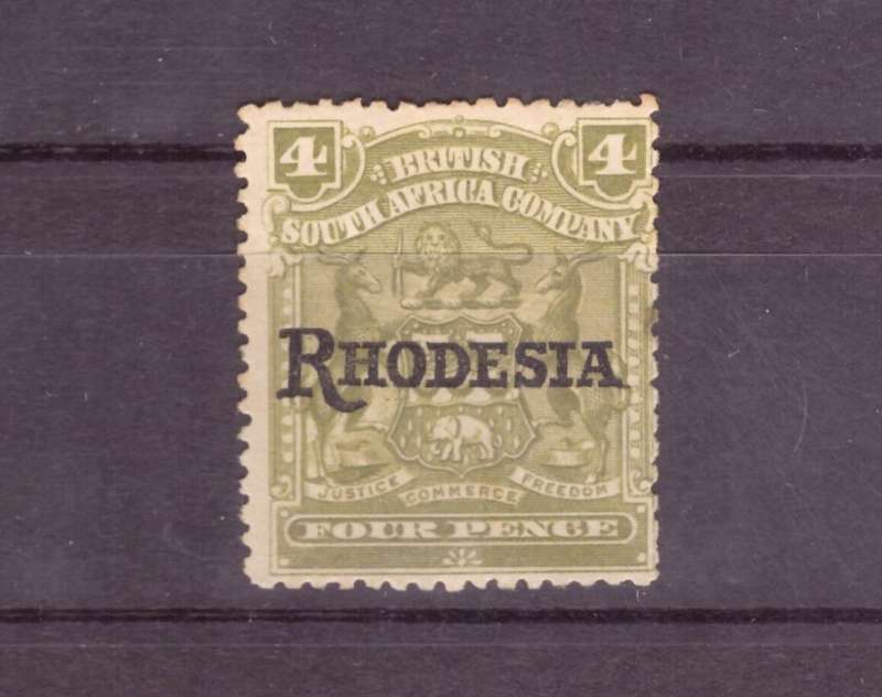 BSAC 1909 issue oveprint Rhodesia Varietis. 4d` NO STOP`  SACC#101A. small spot toned.