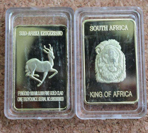 1 oz 24K GOLD PLATED LION KING OF SOUTH AFRICA KRUGERRAND BAR 100 MILLS