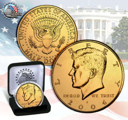 JFK KENNEDY HALF DOLLAR 24K GOLD PLATED COIN w/ DISPLAY BOX & CAPSULE