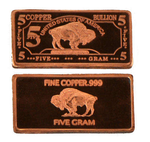5 GRAM COPPER BULLION BUFFALO BAR/INGOT/ROUND .999 PURE