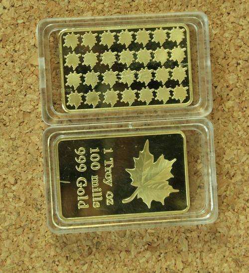 MAPLE LEAF GOLD BAR One Troy oz 100 MILLS .999 Gold 24K "NEW"