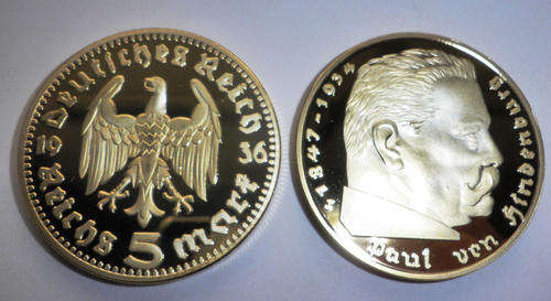 GERMANY 5 MARK 1936 NAZI 24K GOLD PLATED COIN! PAUL VAN HINDENBURG 1 OZ BULLION
