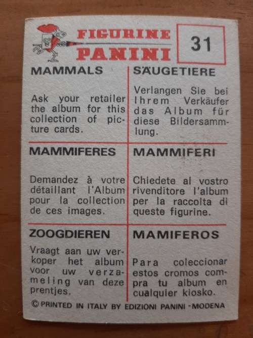 Figurine Panini Mammals Sticker #31 (1978)