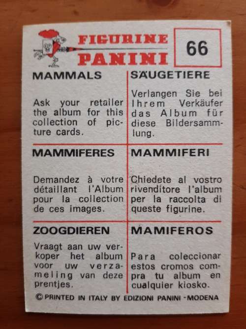 Figurine Panini Mammals Sticker #66 (1978)