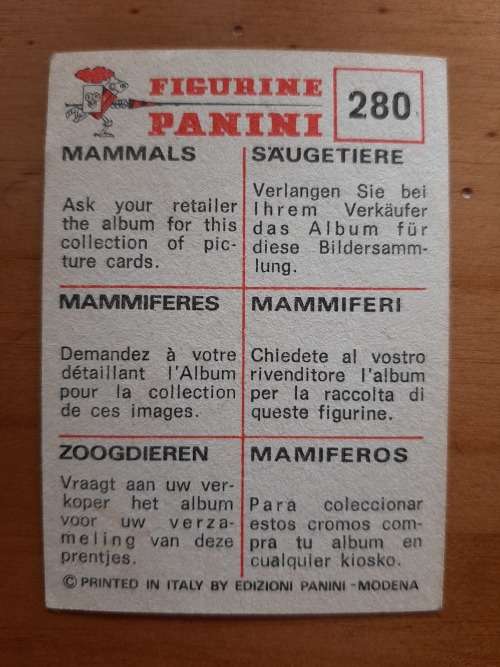 Figurine Panini Mammals Sticker #280 (1978)