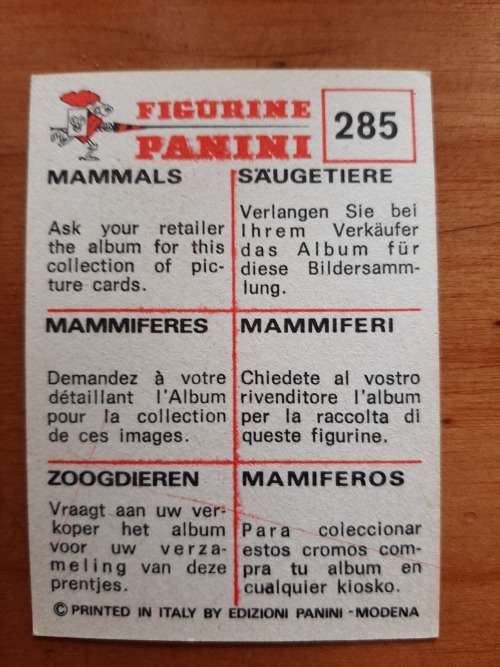 Figurine Panini Mammals Sticker #285 (1978)