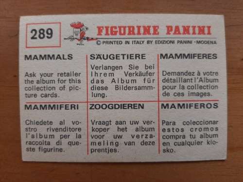 Figurine Panini Mammals Sticker #289 (1978)