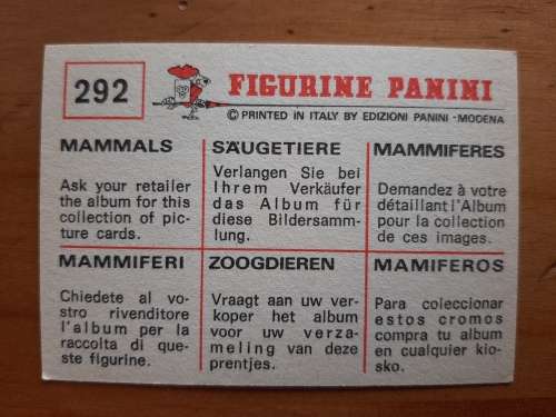 Figurine Panini Mammals Sticker #292 (1978)