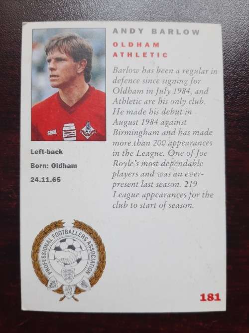 Panini 92 Cards: Official Players Collection - No 181, Andy Barlow (Oldham Athletic)