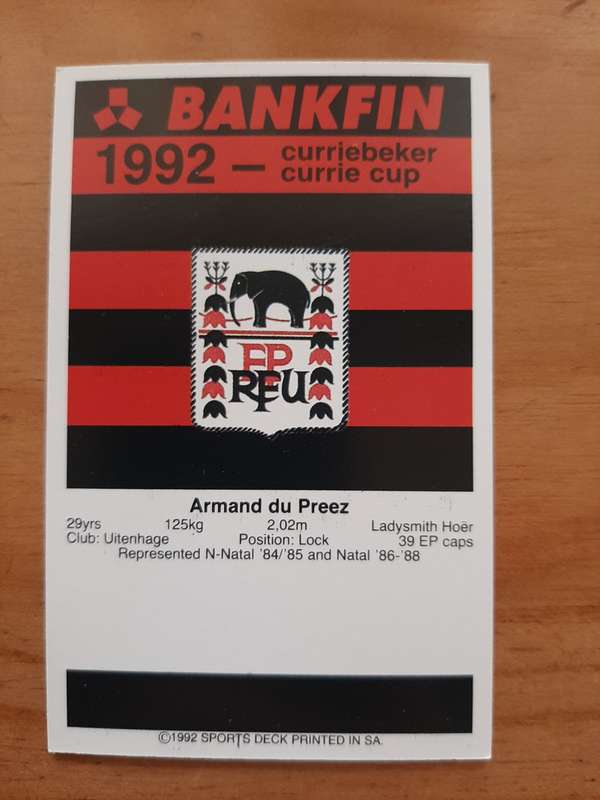 Sports Deck 1992 Currie Cup Collectors Cards: No 62 - Armand du Preez (Eastern Province)