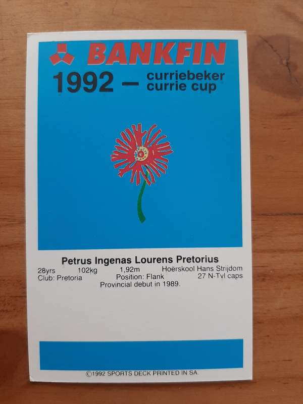 Sports Deck 1992 Currie Cup Collectors Cards: No 67 - Piet Pretorius (Northern Transvaal)