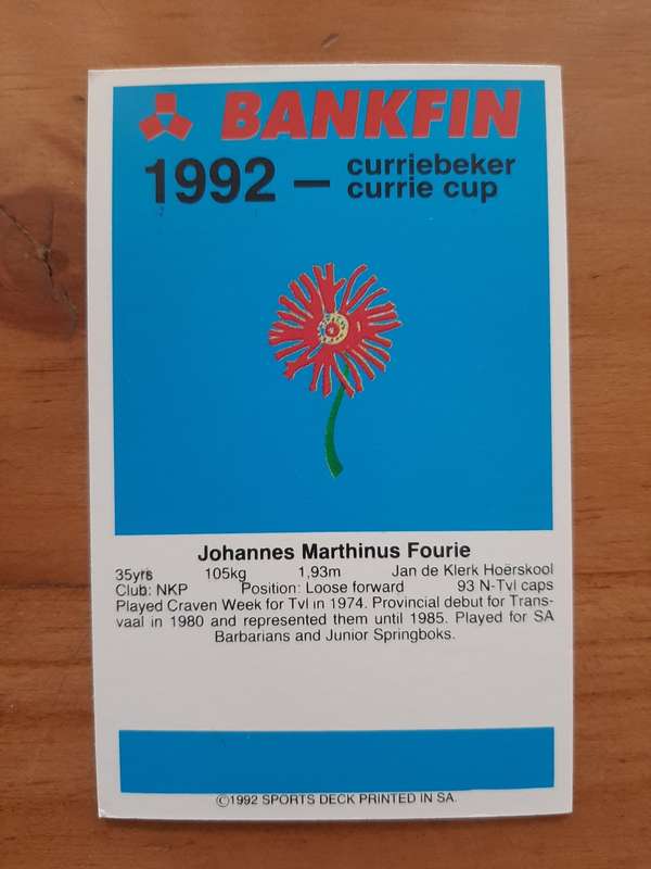 Sports Deck 1992 Currie Cup Collectors Cards: No 78 - Pote Fourie (Northern Transvaal)