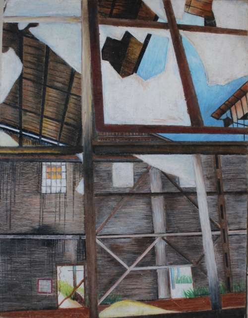 PASTEL ARTWORK OF OLD BROKEN DOWN FACTORY BY ARTIST JOANIE BARNARD