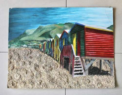 STUNNING MIXED MEDIA ARTWORK OF RAINBOW HUT ON MUIZENBERG BEACH
