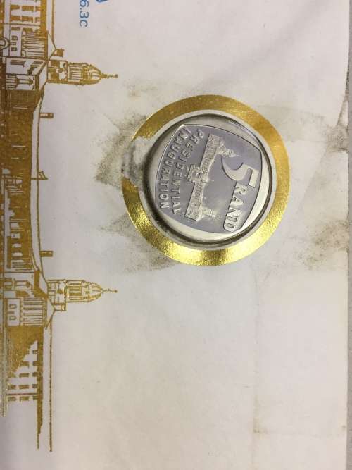 RSA FDC 6.3c - 1994 Presidential Inauguration Nelson Mandela (Envelope Damaged) with R5 Coin