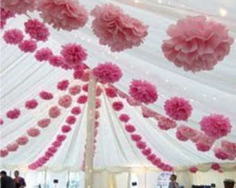 wedding decor, pom poms garland, baby shower decor, vintage decor
