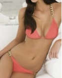 Sexy Golden Chain Halter Neck Padded Bikini Swimwear Pink Coral