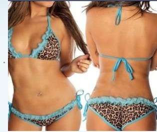 *Stock* Ultra Sexy Leopard Bikini with Blue Lace Trim Swimwear ONE SIZE Brazilian Bottoms