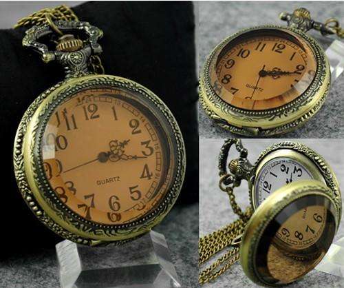In Stock - Vintage Bronze Retro Pocket Watch Necklace Steampunk Opaque Face