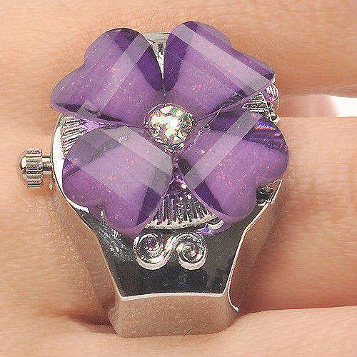 In Stock - Beautiful Ladies Purple Crystal Flower Ring Watch With Elastic Band