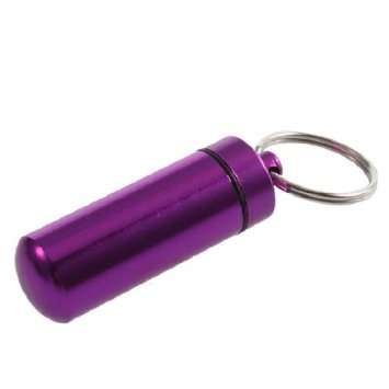 In Stock - Waterproof Aluminum Pill Box or Spare Cash Holder Capsule Stash Container Key Ring Purple