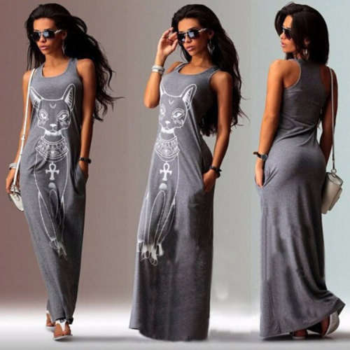 Women's Trendy Dark Red O-Neck Character Ankle-Length Sleeveless Maxi Dress