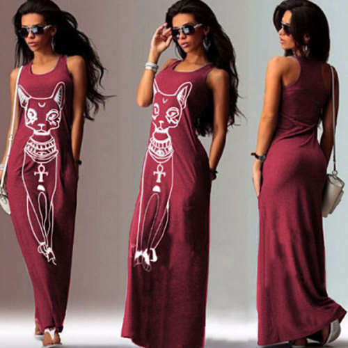 Women's Trendy Dark Red O-Neck Character Ankle-Length Sleeveless Maxi Dress