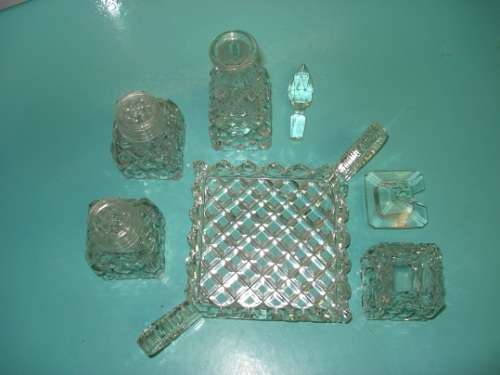 Rare 7 Piece Vintage Antique Crystal bohemian lead cut glass Diamond style condiment cruet set
