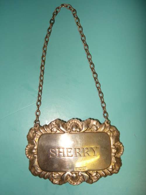 Sherry Art Nouveau Style Solid sterling silver 925 Birmingham Alcohol decanter label tag Sherry