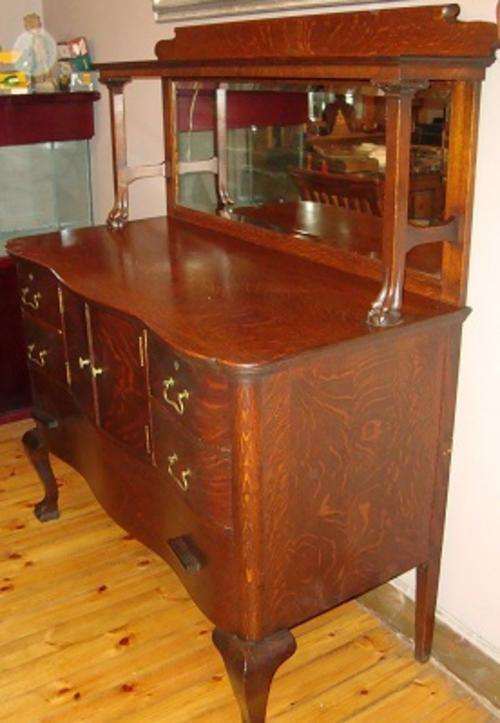 Antique Oak Bow fronted Ball & claw Drawer sideboard dining room furniture cupboard & Mirror Mantle