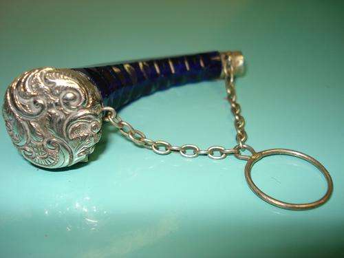 1880 Antique Sterling Silver 925 CORNUCOPIA COBALT GLASS SCENT PERFUME BOTTLE necklace Pendant