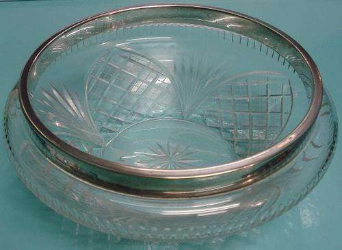 Vintage Antique Crystal bohemian cut glass Silver plated rim Salad Bowl