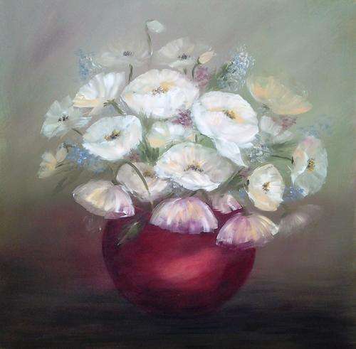 Poppies in red vase  OIL  450mm x 450mm