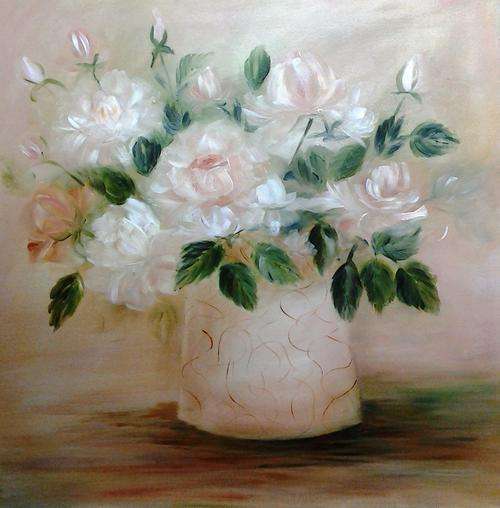 Cream roses in oil  -  450mm x 450mm