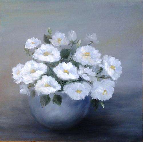 White roses in blue vase - OIL 450mm x 450mm