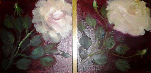 2 x ~White roses in oil   150mm x 150mm each