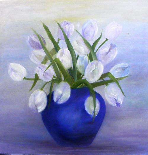 White tulips in blue vase  -  OIL-  450mm x 450mm